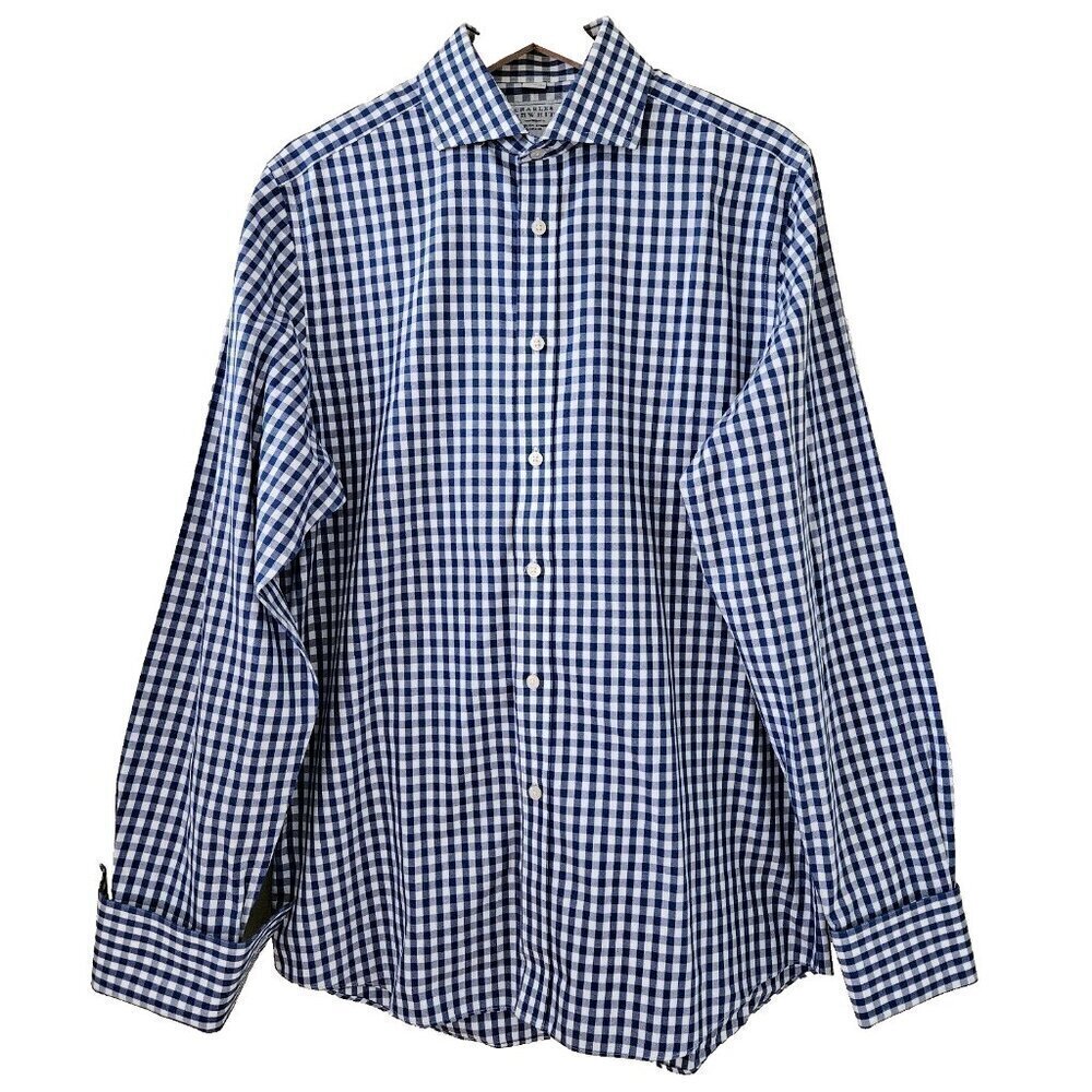 Charles Tyrwhitt Shirt Mens 15.5 Plaid Non Iron Slim Fit French Cuff LS Buttons
